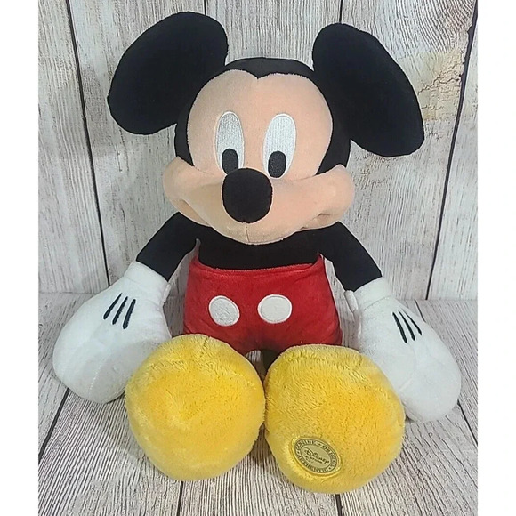 Disney Store Plush Mickey Mouse Stuffed Animal Beanbag Red Black Foot Patch 17" - Picture 1 of 6